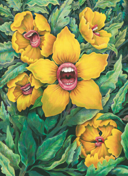 Illustration till tidningen AKT föreställande blommor med munnar.
