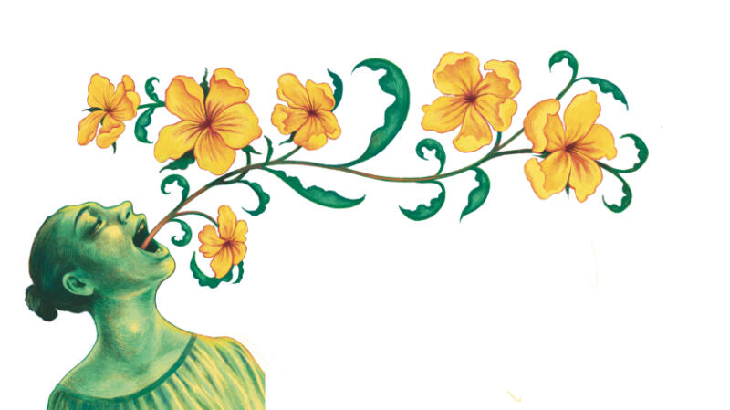 Illustration till tidningen AKT, föreställande blommor som växer ut ur munnen på en person. 