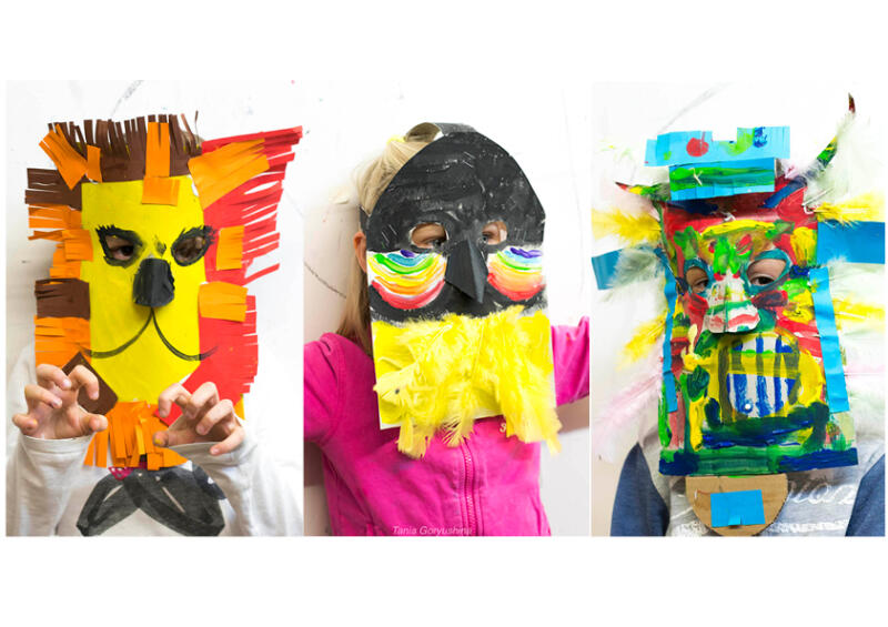 kreativworkshop, skapandeskola, kulan, barnaktivitet, kollage, masker, maskerad