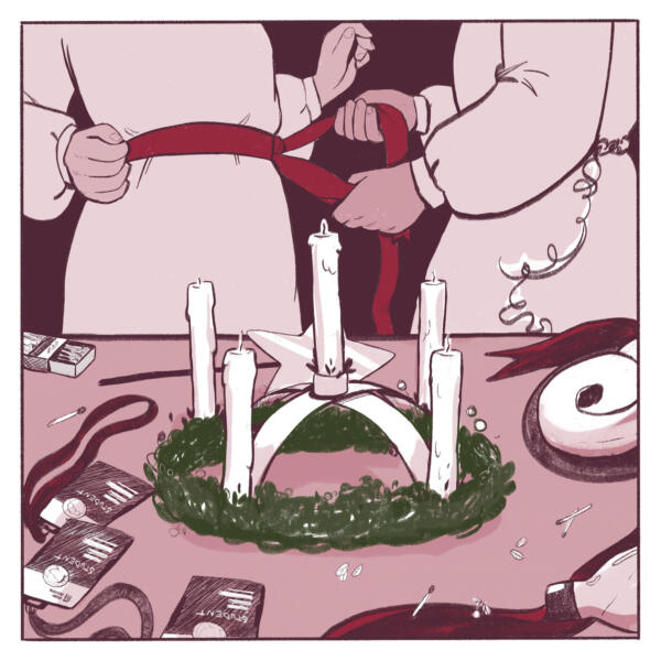 Illustration av Luciakrona på grön krans.
