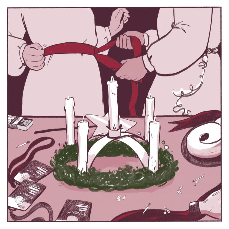 Illustration av Luciakrona på grön krans.