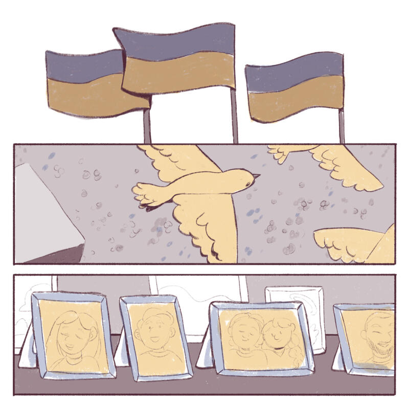 Illustration av tre ukrainska flaggor, fåglar som flyger och fotografier.