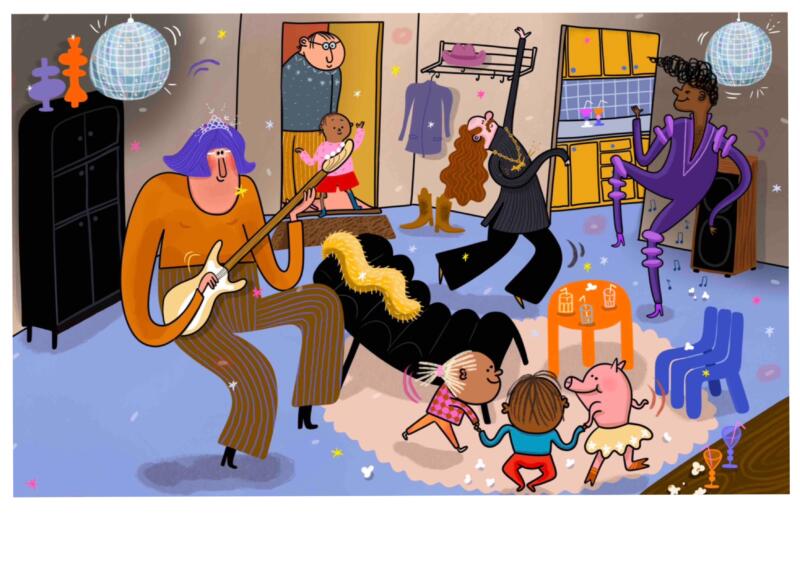 Bokillustration från Hissen upp, fest i lägenhet dans och musik.