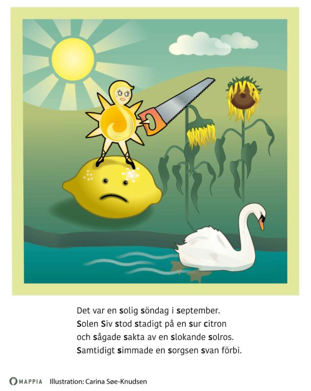 Bokillustration av solen Siv som sågar en solros.