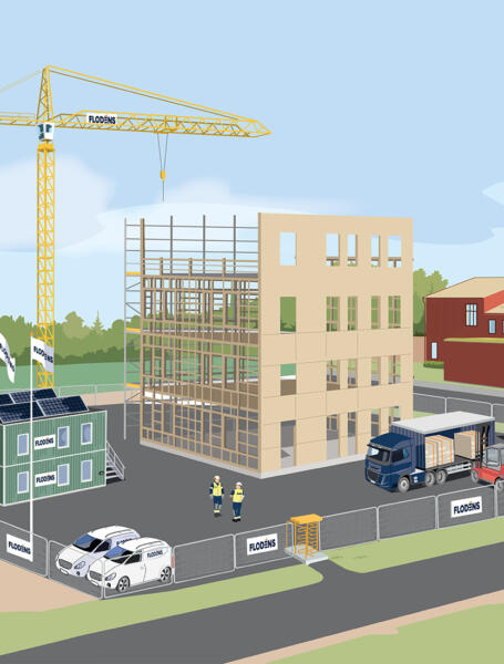 Illustration över byggarbetsområde, lyftkran och höghus.