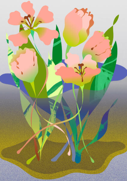 Illustration blombukett i färgerna korall, grön och blå.