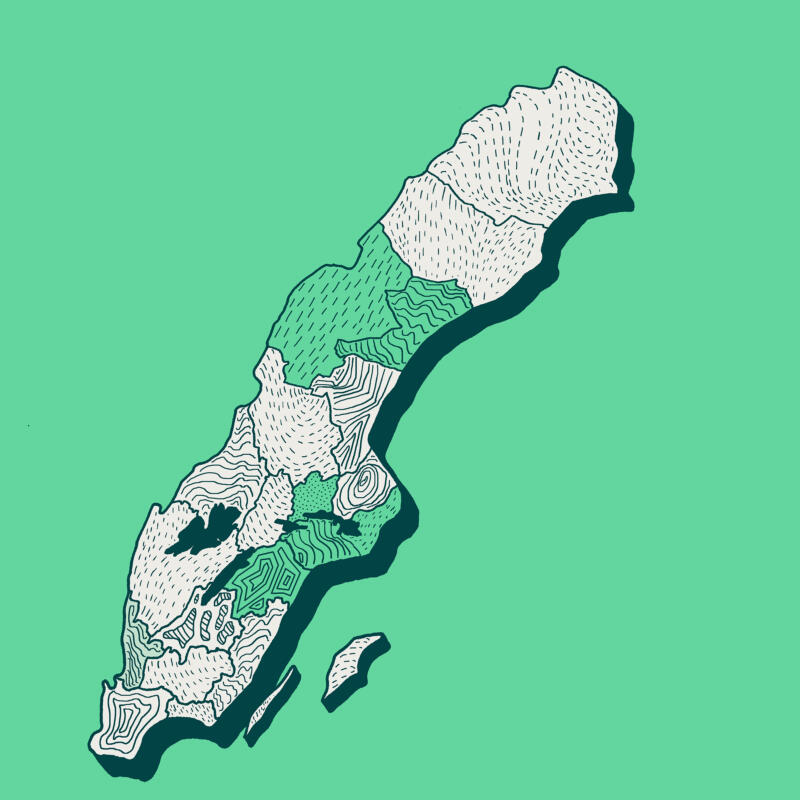 Illustration av sverigekarta med landskap i färgerna grönt, vitt och mörkgrönt
