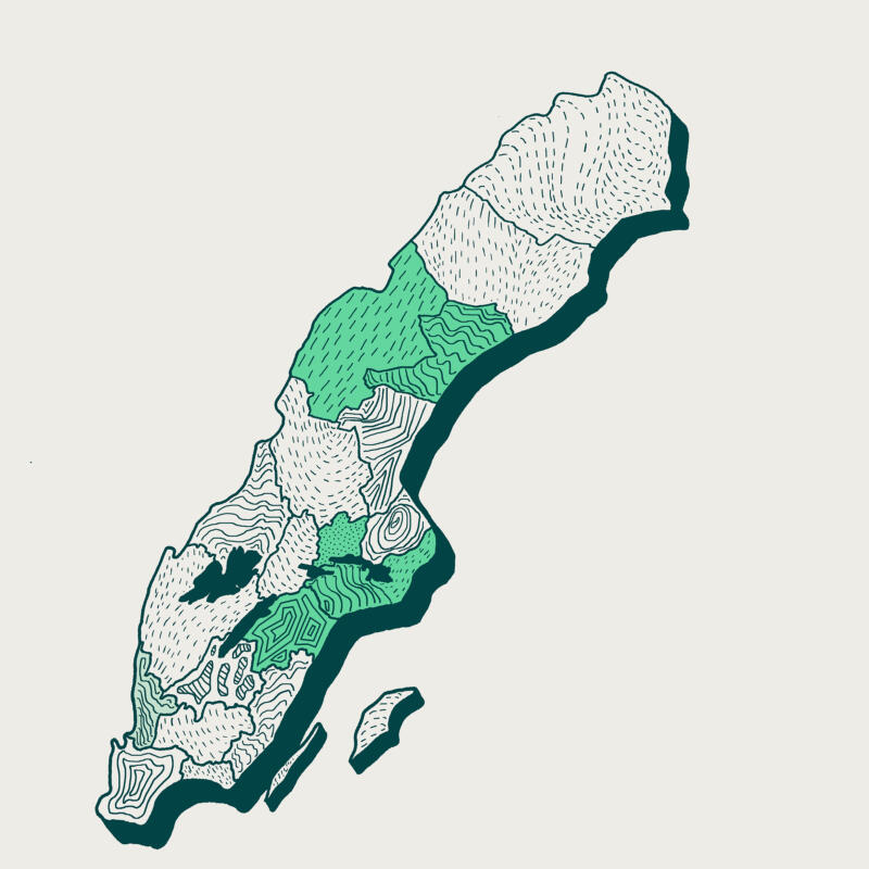 Illustration av sverigekarta med landskap i färgerna vitt, mörkgrönt och grönt