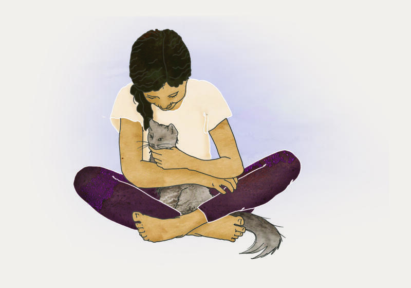 Illustration av autistisk flicka som klappar katt