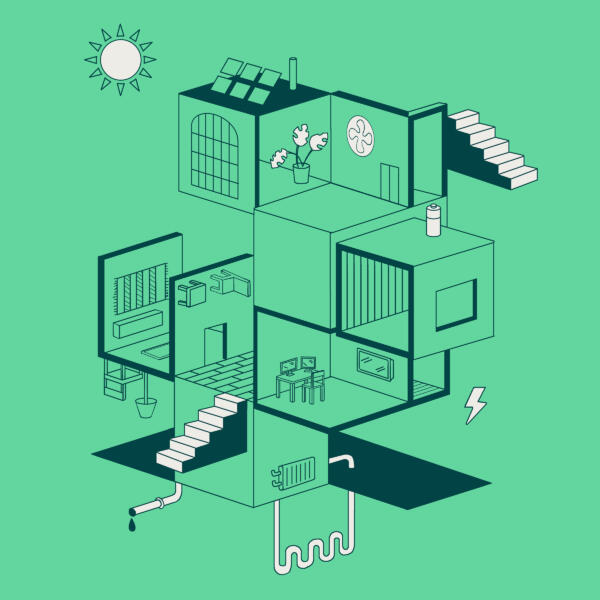 Illustration av hus med våningar och symboler för olika energilösningar i färgerna grönt, vit, mörkgrön