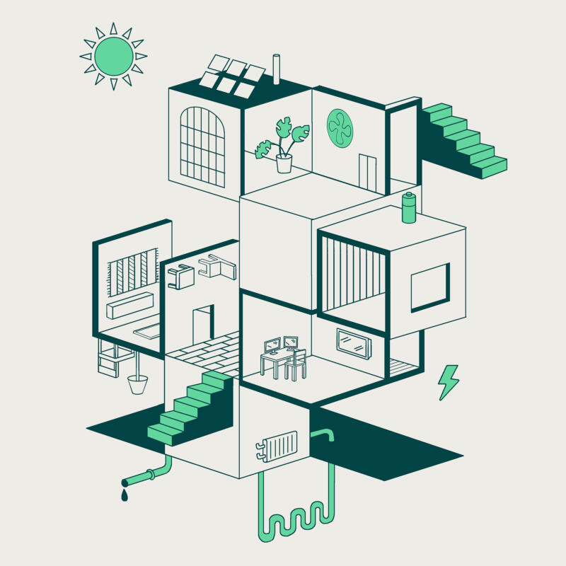 Illustration av hus och symboler för olika energilösningar i färgerna  vit, mörkgrön, grönt