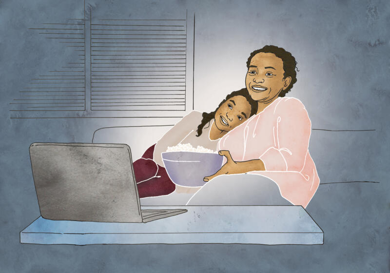 Illustration av mamma och dotter som tittar på film med popcorn