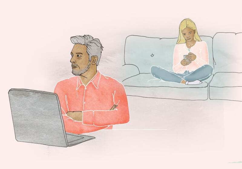 Illustration av pappa och dotter hemma i vardagsrummet