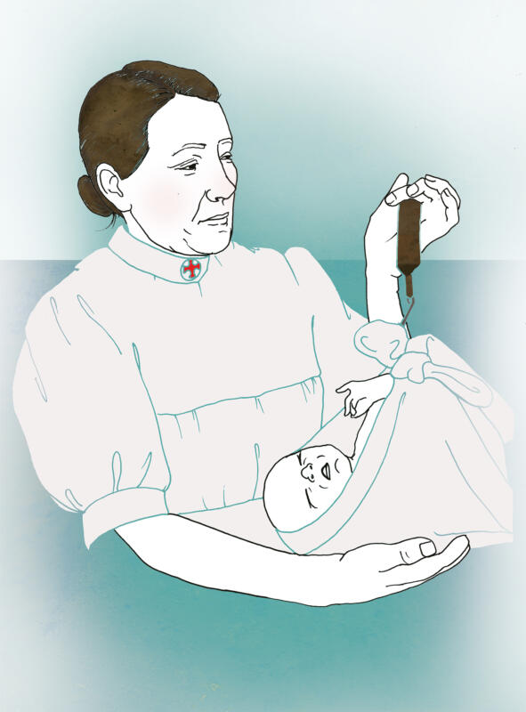 Illustration med Porträtt på barnmorskan Siri Sundstöm för Bokförlaget Max Ström
