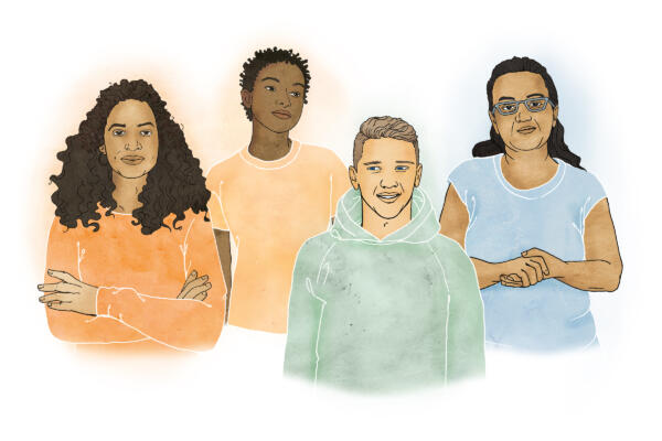 Illustration av fyra personer i olika åldrar och etnisitet
