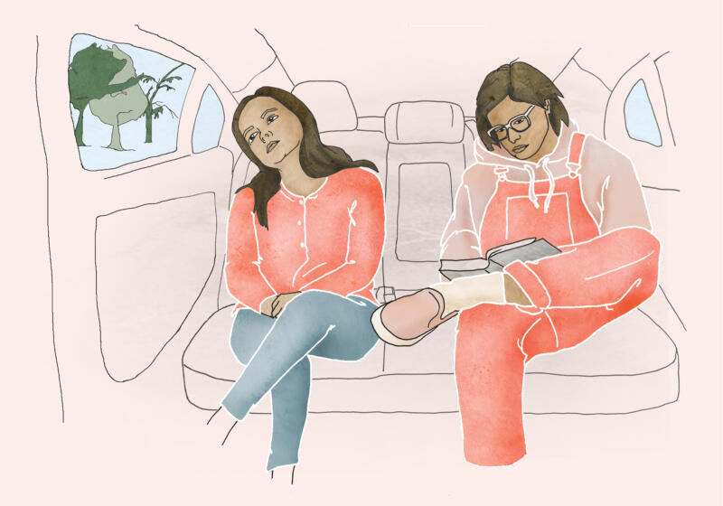 Illustration av två tonårstjejer i baksätet på en bil