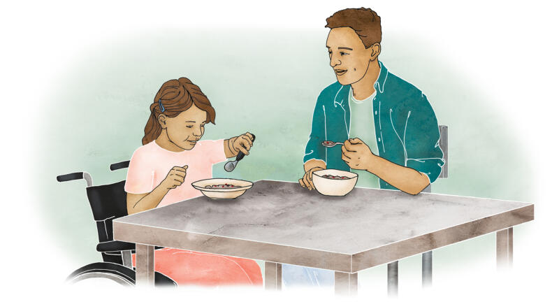 Illustration av Barn med ätsvårigheter sitter tillsammans med sin pappa vid ett matbord. Flickan rullstolsburen
