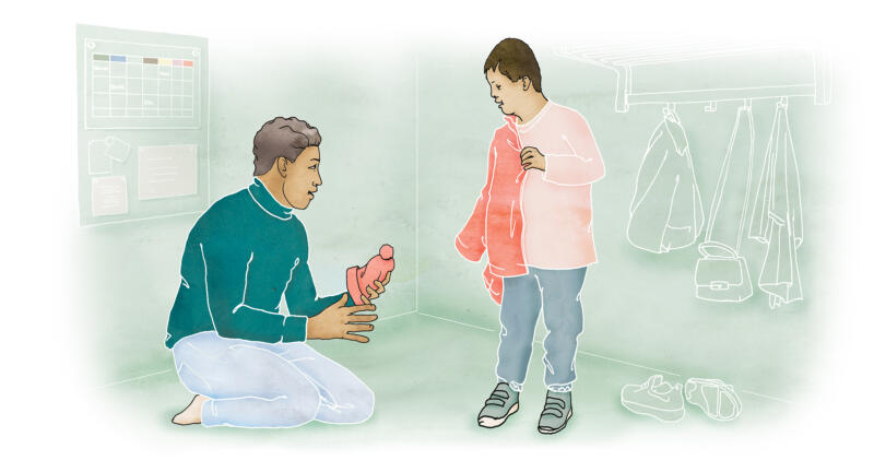 Illustration av Barn med downsyndrom som klär på sig själv med pappans hjälp