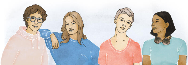 Illustration av ungdomar i grupp, tecknade tonåringar färgsatta i pastellfärger