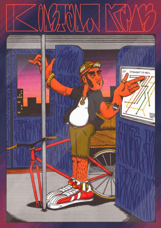 Illustration av man på tunnelbana, med texten "konstant kris".