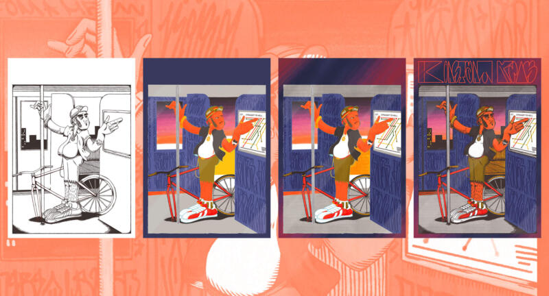 Man på tunnelbana, illustrationer från skiss till färglagt.