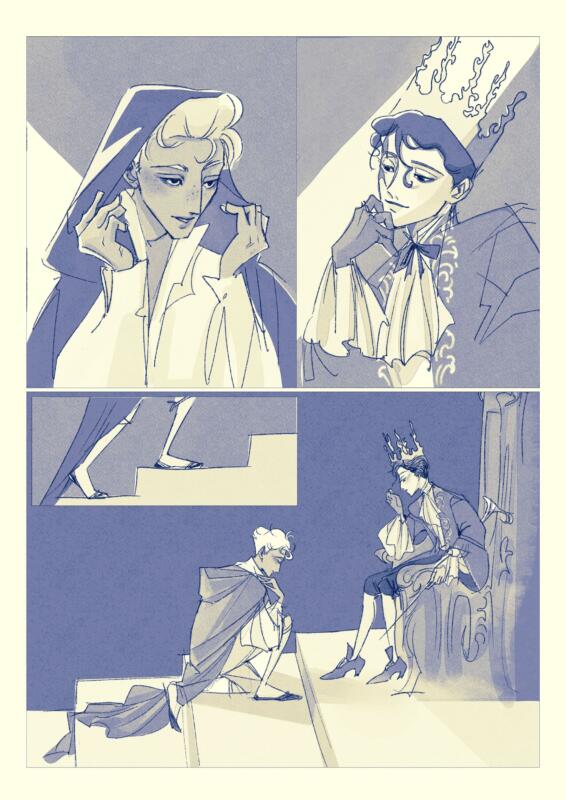 Illustration av en person som knäböjer på trappan framför kungen och hans tron.
