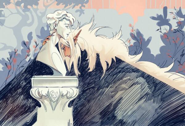 Melankolisk fantasyillustration med en alv som sörjer vid en staty