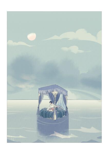 Illustration av ensam båt på vatten under himmel.