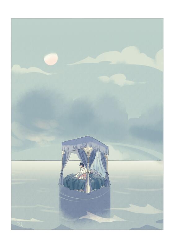 Illustration av ensam båt på vatten under himmel.