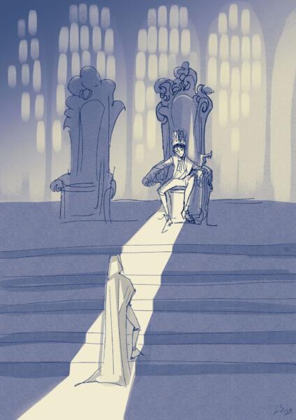 Illustration av en kung som sitter på tronen i tronsalen, en person närmar sig honom.