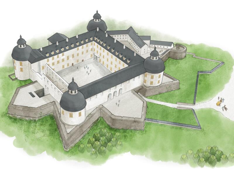 Illustration av Borgholms slott, 1600-tal, Illustratör Madelen Lindgren