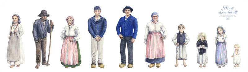 Illustrationer i akvarell till utställning om Allmogeliv, Kulturen i Lund. Historia, läromedel, faktabok, barnbok, barnböcker, bönder, Sverige. Historiska illustrationer av människor i svenskt lantliv, målade för hand.