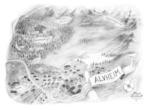 Karta över Alvheim, till boken Skrothandlerens datter, en fantasyhistoria för 9-12 år. Blyerts och kol. Illustration till barnbok eller ungdomsbok med tema fantasy och folktro. Hus, byggnader, skog, kompass, berg, fjäll, äventyr.