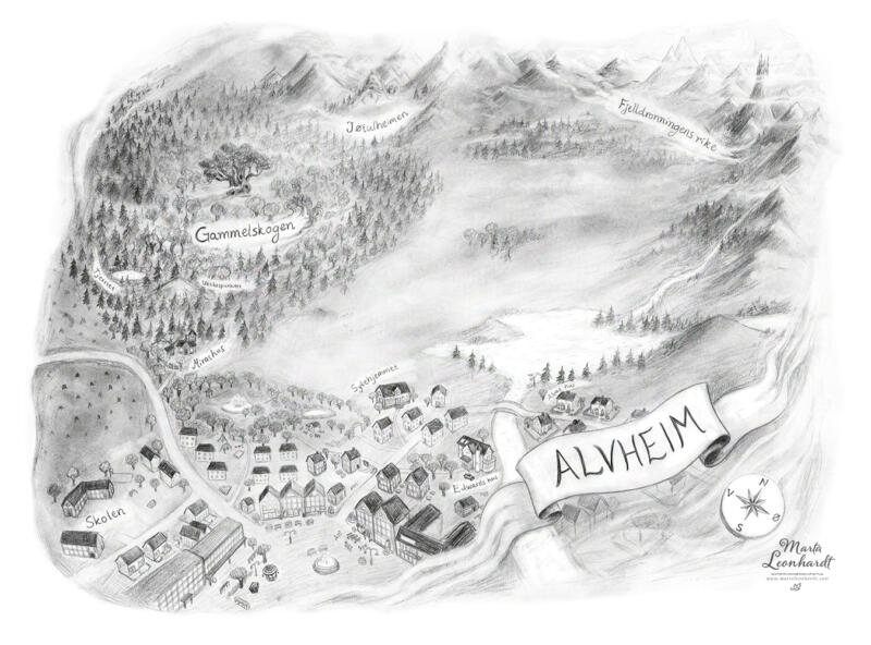 Karta över Alvheim, till boken Skrothandlerens datter, en fantasyhistoria för 9-12 år. Blyerts och kol. Illustration till barnbok eller ungdomsbok med tema fantasy och folktro. Hus, byggnader, skog, kompass, berg, fjäll, äventyr.