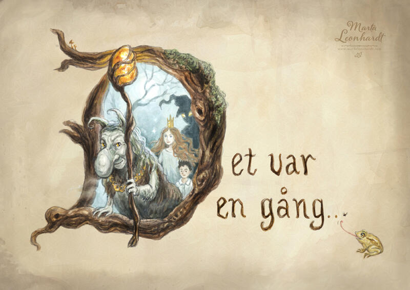 "Det var en gång". Illustration i akvarell till teaterföreställningar för barn, i uppsättning av Teater Sagohuset. Illustrationer till barnböcker, bilderböcker, sagoböcker och bokomslag, på tema fantay, sagor, folksagor, troll, magi, prinsessor och häxor. Bild, bokillustration föreställande ett troll, en prinsessa, en pojke och en mörk skugga.