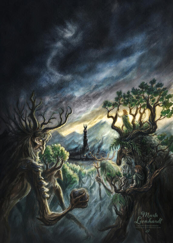 Illustration i akvarell av Marta Leonhardt, bokomslag eller bokillustration till ”De två tornen" av JRR Tolkien. Utgiven på jiddisch av Olniansky Tekst. Fantasy, magisk realism, magi och spänning för barnböcker, ungdomsböcker och litteratur för vuxna. Klassisk fantasy. 