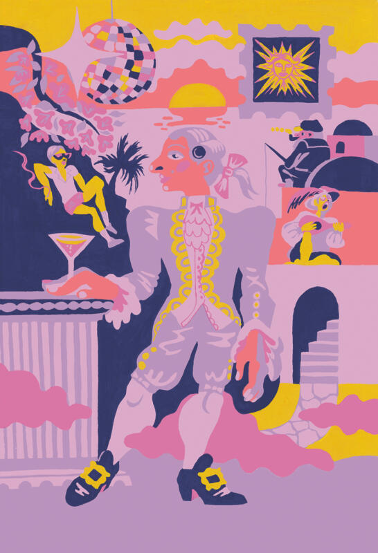 illustration till faktaboken Modearv, en man från 1700-talet dricker drink på en medelhavsö