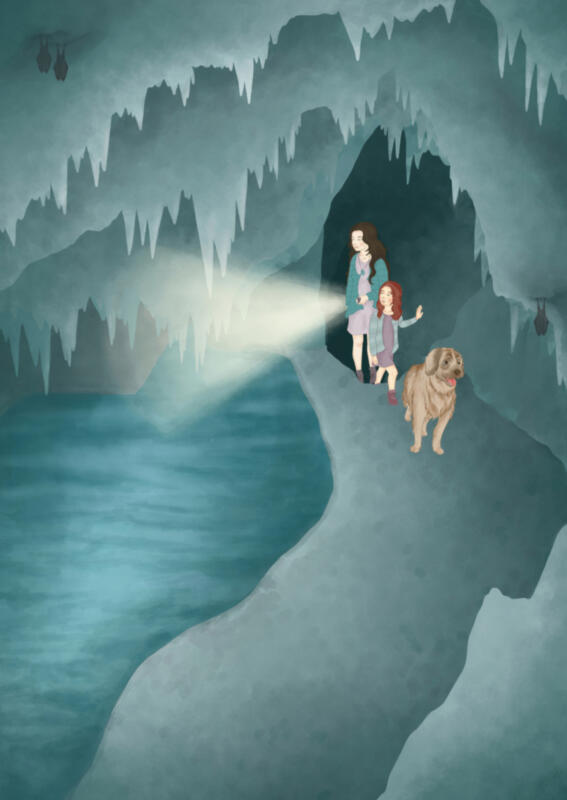 Bokillustration av en hund och två personer, som går med en ficklampa i en grotta.