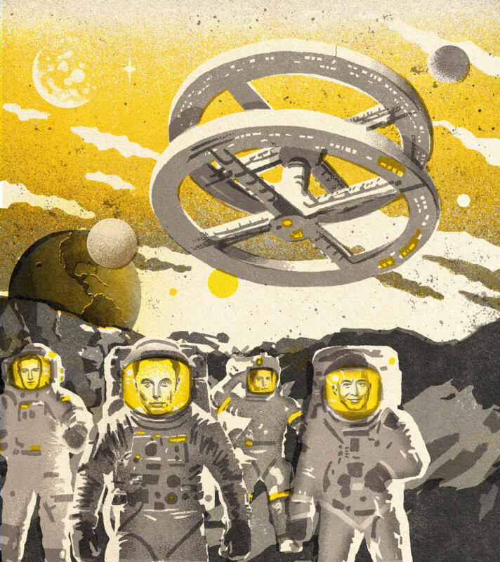A serie of illustrations for the Dutch newspaper de Volkskrant on tech billionaires'/tech bros' master plan for the world being inspired by the science fiction literature