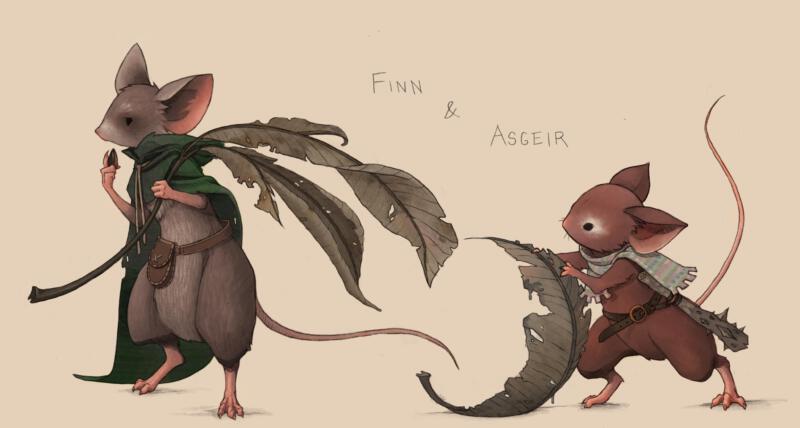 Illustration of two cute mice wearing scarves and cloaks while carrying big leaves.
