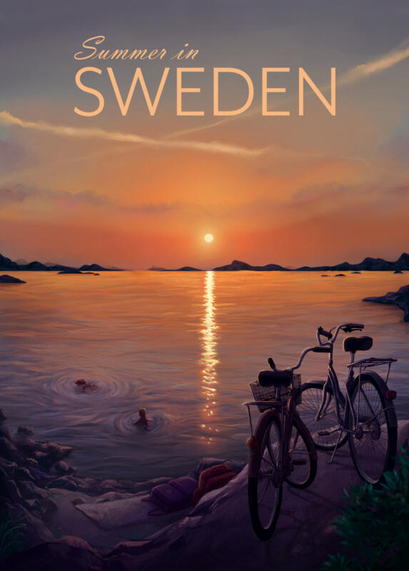 sommar i svergie, kvällsdopp med solnedgång och cyklar, två personer badar. 