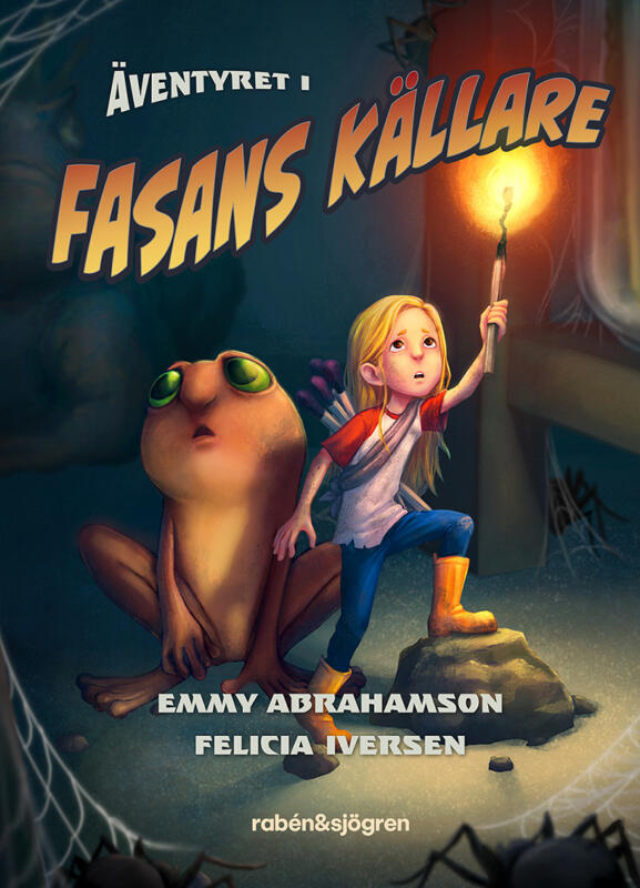 Omslag Äventyret i fasans källare, liten tjej och  groda i läskig källare med en fackla och spindelnät.