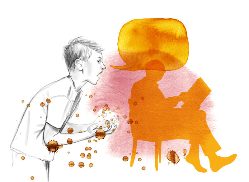 Illustration i blyerts och akvarell av en pojke som skriker och en äldre person som sitter i en fåtälj och inte hör