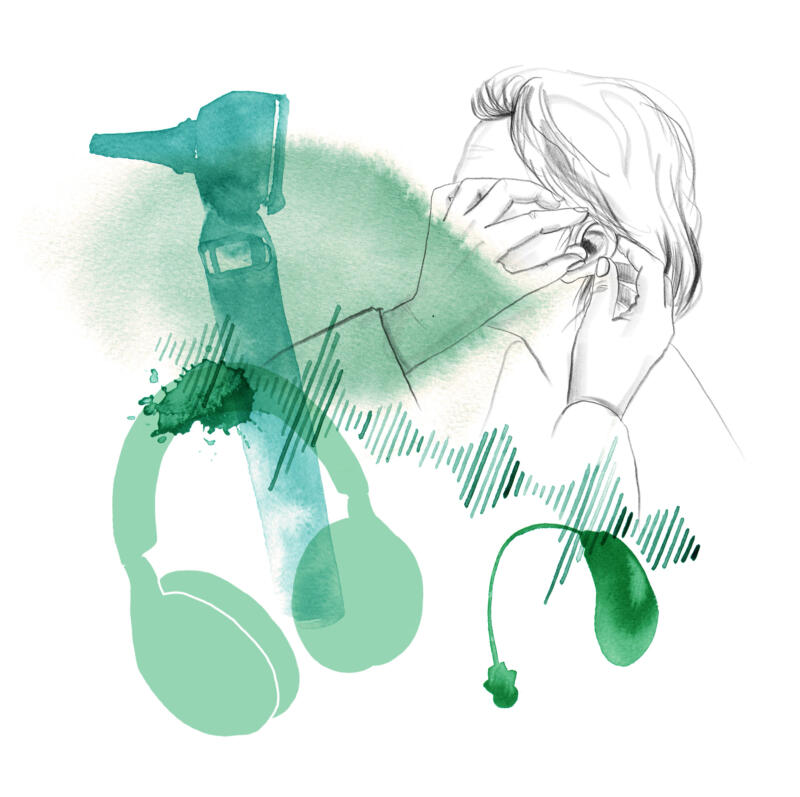 Illustration i blyerts av en kvinna som provar ut en hörapparat
