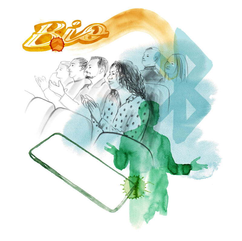Illustration av publik och en föreläsare. Texten bio och en telefon syns också. Illustrationen är i blyerts och akvarell.