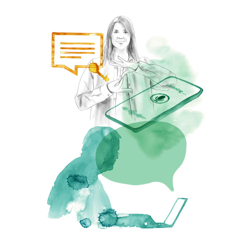 En illustration i blyerts och akvarell av en man bakom en datorskärm och en tjej som gör tecken med handen
