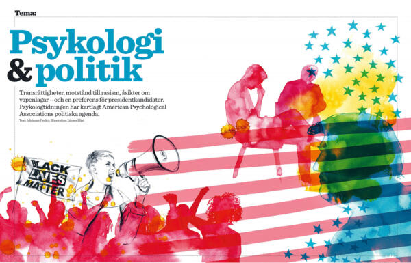 Illustration föreställande en demonstration, amerikanska flaggan och en siluett av Donald Trump. Psykologtidningen. Färgerna är röd, rosa, blått