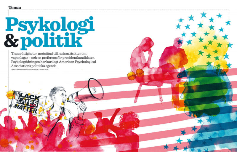 Illustration föreställande en demonstration, amerikanska flaggan och en siluett av Donald Trump. Psykologtidningen. Färgerna är röd, rosa, blått