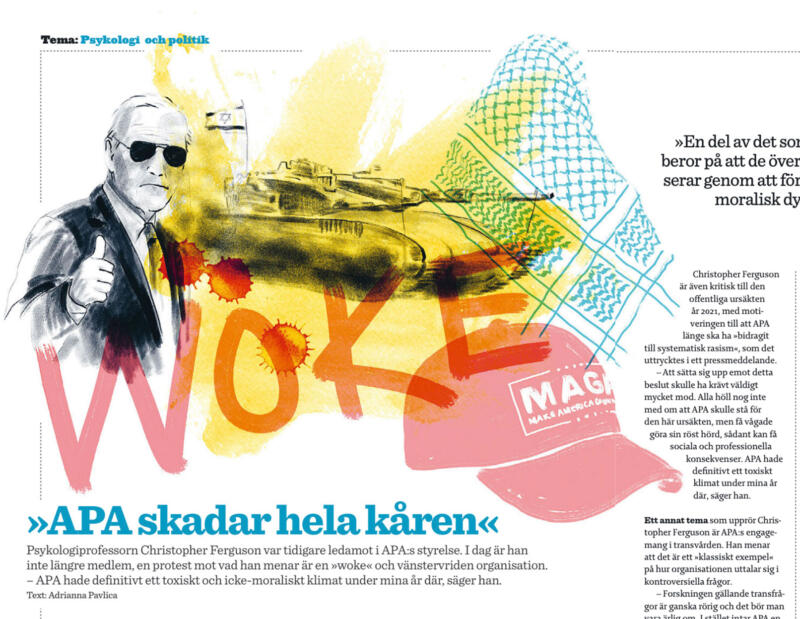 illustration i blyerts och färg av Joe Biden, magakeps, palestinasjal, stridsvagn. Färger är rosa och turkost.