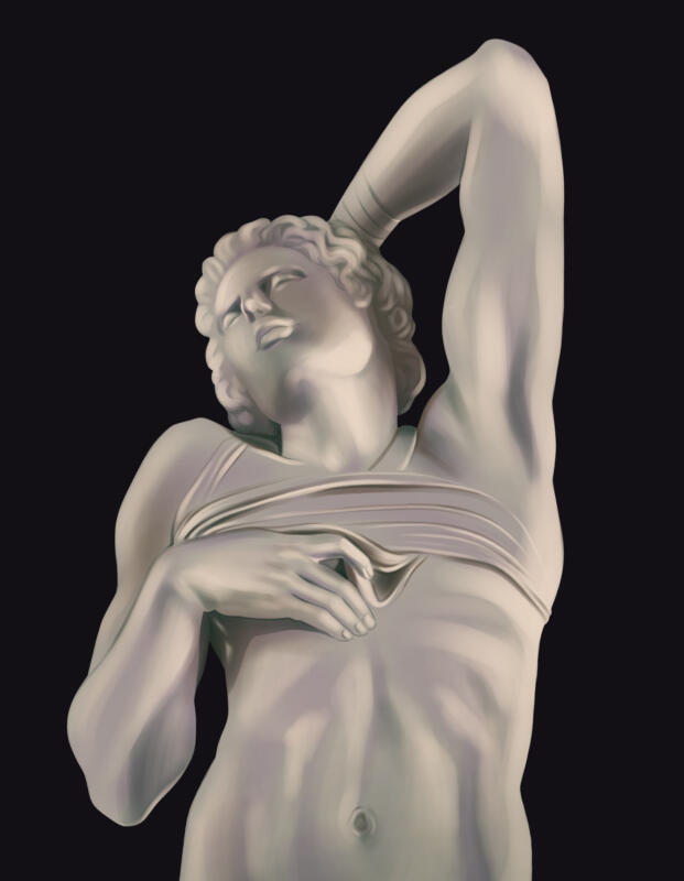 Illustration av en staty på Louvren som föreställer en man